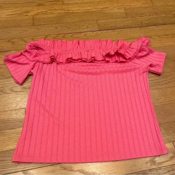 Zara Traufaluc Women’s Barbie Pink Ruffle Ribbed Off The Shoulder Top Size Large - Picture 5 of 6